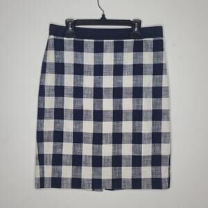 J Crew The Pencil Skirt - cotton linen blend - blue white buffalo plaid - 2